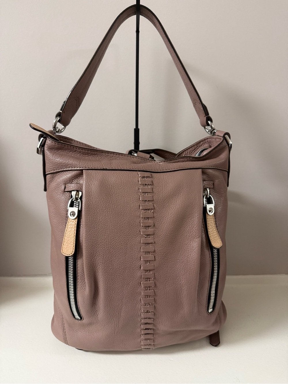 orYANY Mauve Leather Shoulder Bag with Front Zip Pockets, Italian Leather